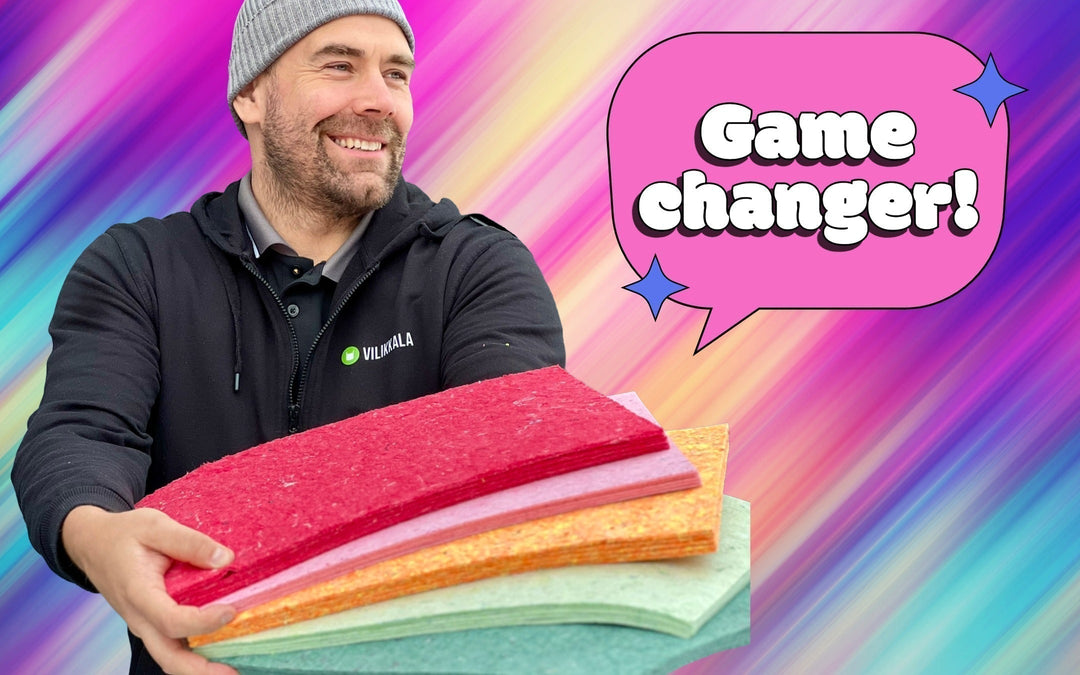 Mies hymyilee käyttäen Projektihuopa-sarjan värikkäitä huopia, ilmoitus "Game changer!".